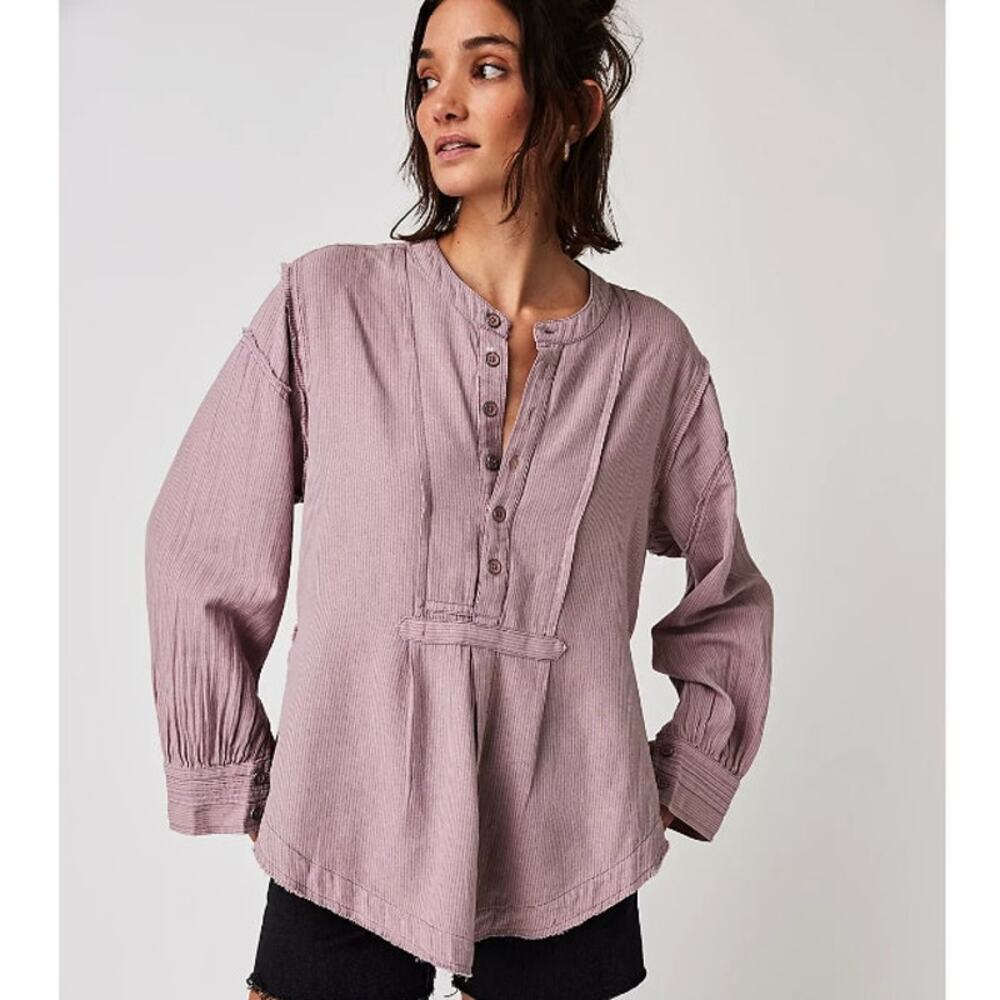 Free People Edge Washed Pure Cotton Flowing Half Button Blouse